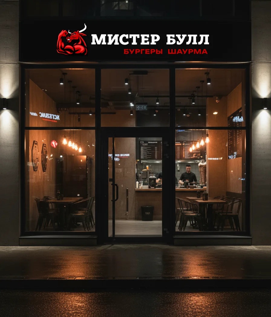 Ресторан Мистер Булл — фасад с вывеской вечером